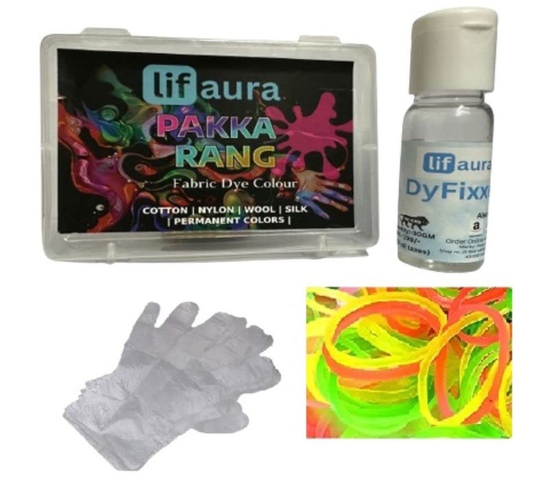 Prokart Lifaura Pakka Rang Kit Fabric Permanent Dye Color Kit Pack of 5 Sachets 5g Each 25g Pack 30g Dyfixer 2pair Gloves and 5 Rubber Band ShadeA01 Light Yellow - Image 1