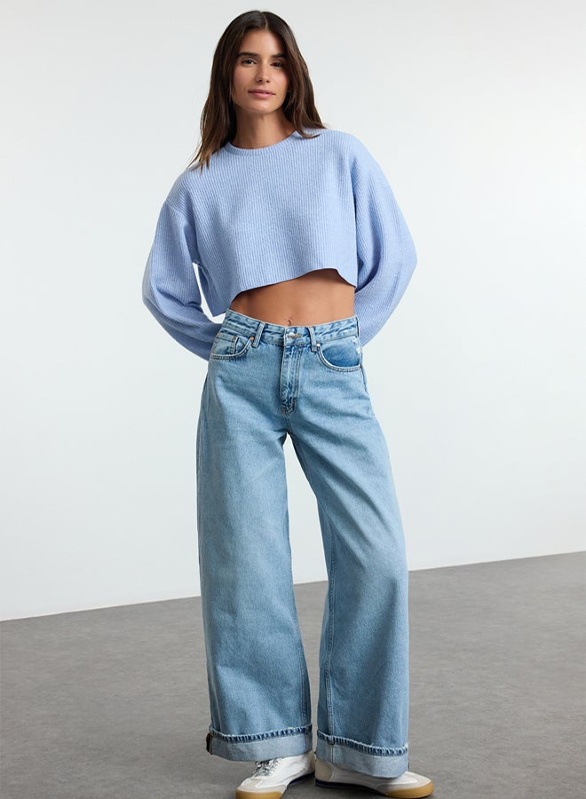 trendyol Light Blue Normal Skater Baggy Jeans with Folded Waist Legs TWOSS25JE00001 - Image 3