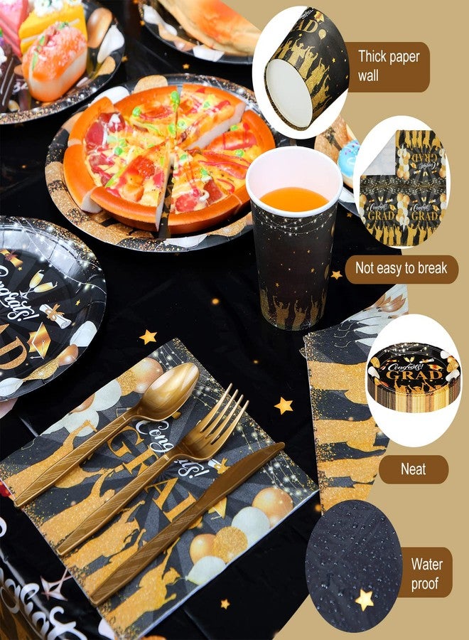 Tudomro 338 Pcs 2025 Graduation Party Supplies (Serve 48) Congrats Grad Dinnerware Decorations Set Disposable Plates Napkins Cups Knives Spoons Forks Tablecloth for Graduation(Black, Gold) - Image 5