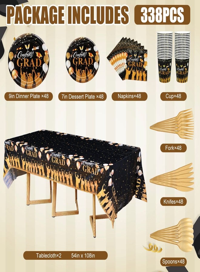 Tudomro 338 Pcs 2025 Graduation Party Supplies (Serve 48) Congrats Grad Dinnerware Decorations Set Disposable Plates Napkins Cups Knives Spoons Forks Tablecloth for Graduation(Black, Gold) - Image 3