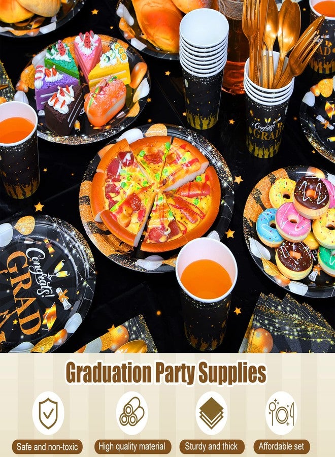 Tudomro 338 Pcs 2025 Graduation Party Supplies (Serve 48) Congrats Grad Dinnerware Decorations Set Disposable Plates Napkins Cups Knives Spoons Forks Tablecloth for Graduation(Black, Gold) - Image 4