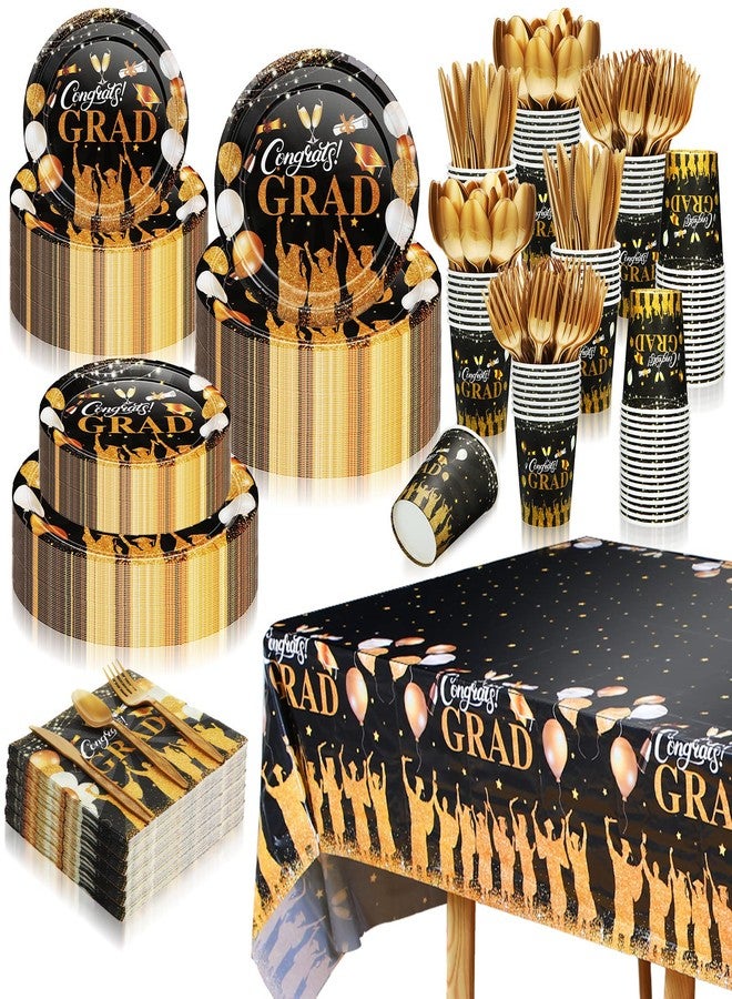 Tudomro 338 Pcs 2025 Graduation Party Supplies (Serve 48) Congrats Grad Dinnerware Decorations Set Disposable Plates Napkins Cups Knives Spoons Forks Tablecloth for Graduation(Black, Gold) - Image 1