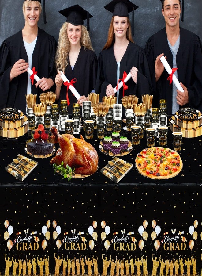 Tudomro 338 Pcs 2025 Graduation Party Supplies (Serve 48) Congrats Grad Dinnerware Decorations Set Disposable Plates Napkins Cups Knives Spoons Forks Tablecloth for Graduation(Black, Gold) - Image 2
