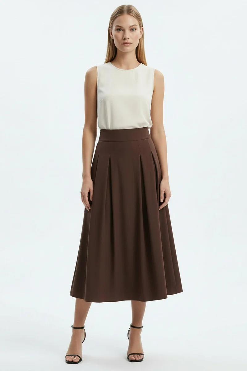 EXQUISE Pleated, Elasticated Back, Pocketed, Regular Midi Brown Skirt