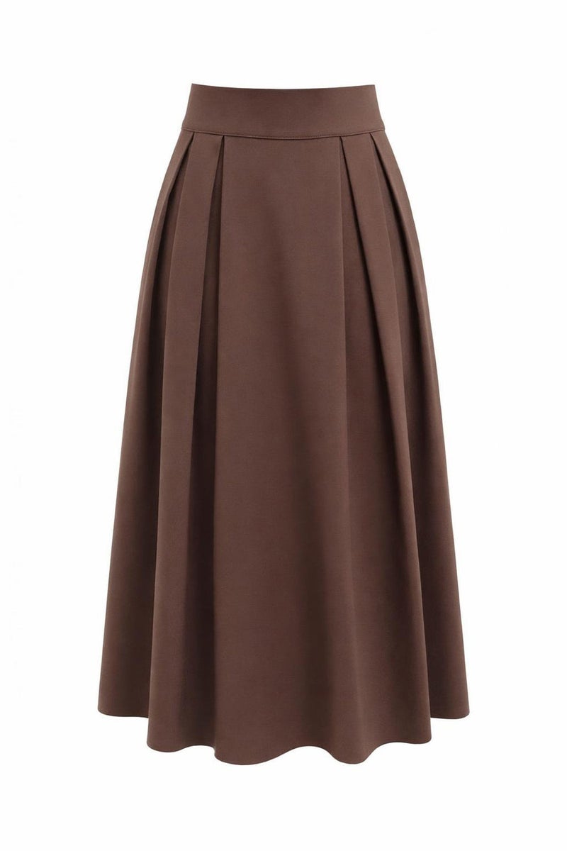 EXQUISE Pleated, Elasticated Back, Pocketed, Regular Midi Brown Skirt - Image 5