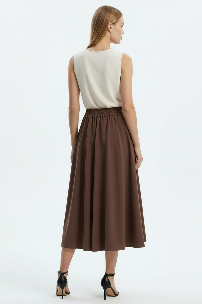 EXQUISE Pleated, Elasticated Back, Pocketed, Regular Midi Brown Skirt - Image 4