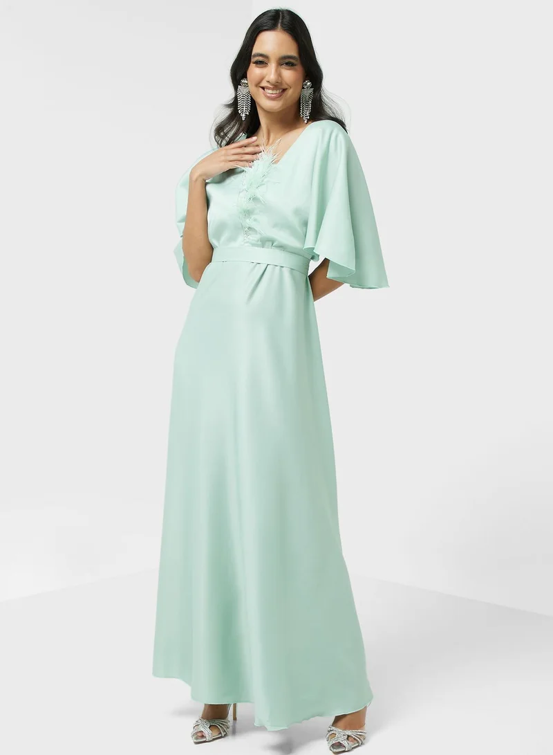 hayas closet Feather-Trimmed Maxi Dress