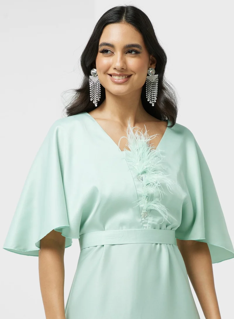 hayas closet Feather-Trimmed Maxi Dress