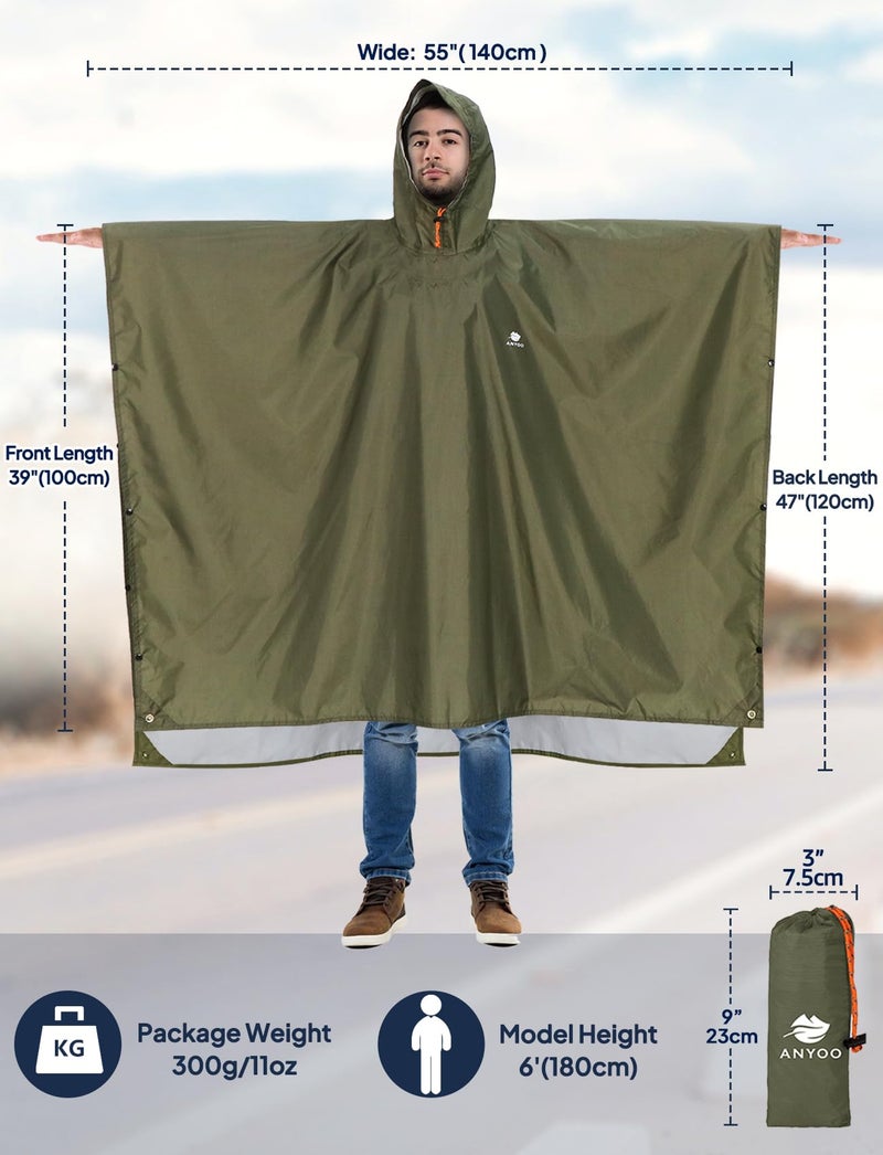 ANYOO Hooded Rain Poncho for Adults Waterproof Lightweight Rain Coats for Men Women Reusable Rain Jacket for Emergency Camping Outdoor Activities(Army Green) One Size - Image 2