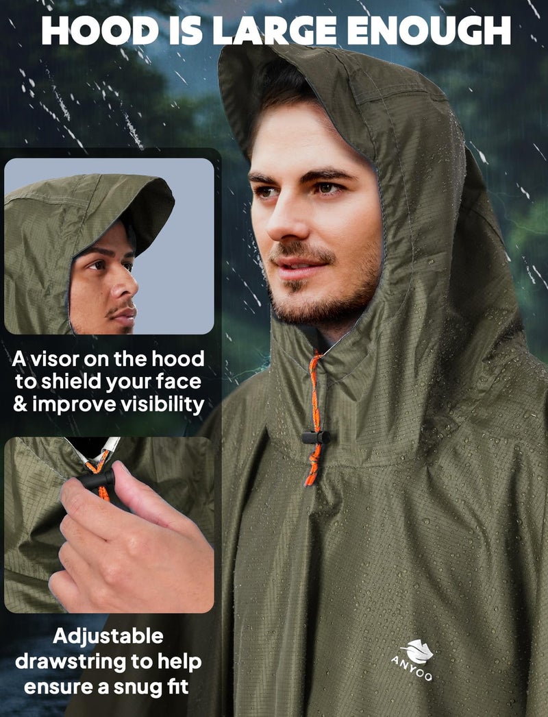 ANYOO Hooded Rain Poncho for Adults Waterproof Lightweight Rain Coats for Men Women Reusable Rain Jacket for Emergency Camping Outdoor Activities(Army Green) One Size - Image 4