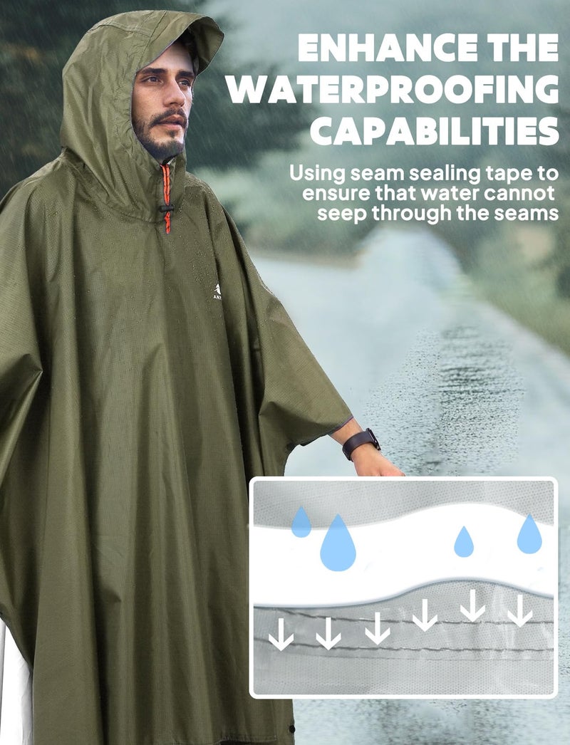 ANYOO Hooded Rain Poncho for Adults Waterproof Lightweight Rain Coats for Men Women Reusable Rain Jacket for Emergency Camping Outdoor Activities(Army Green) One Size - Image 5