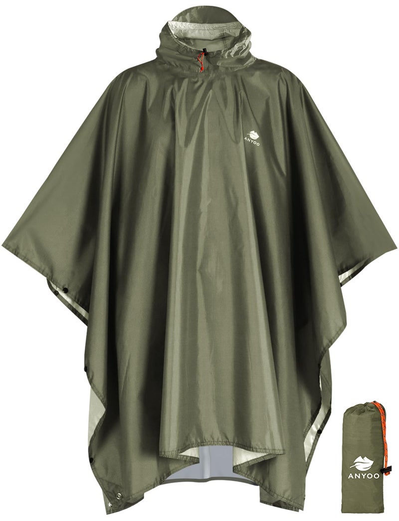 ANYOO Hooded Rain Poncho for Adults Waterproof Lightweight Rain Coats for Men Women Reusable Rain Jacket for Emergency Camping Outdoor Activities(Army Green) One Size - Image 1