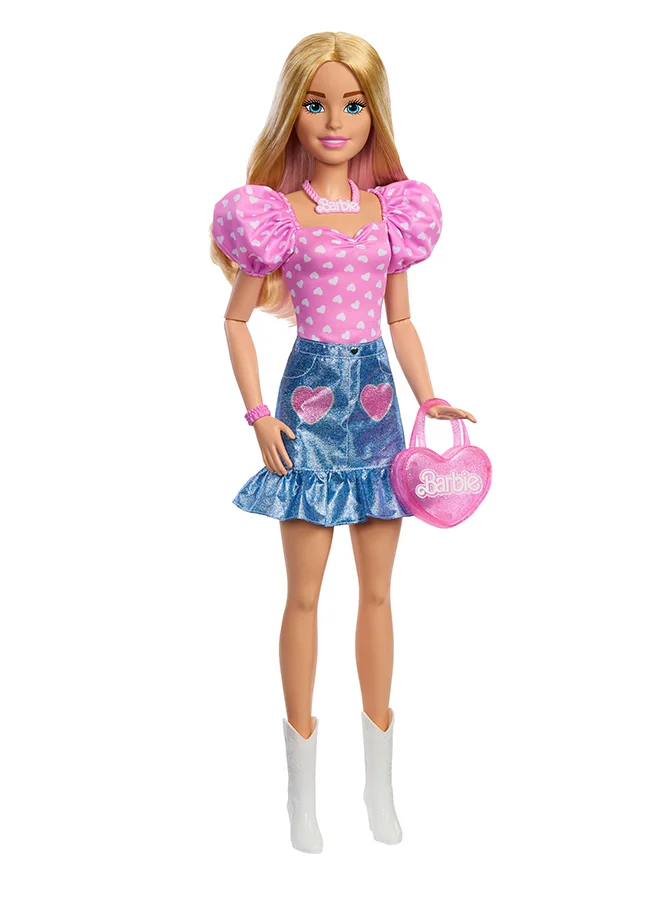 Barbie 28-in Blonde Fashion Doll with Removable Fashions, Pink Top, Denim Skirt, & Cowboy Boots, Necklace and Purse Accessory, HYT84