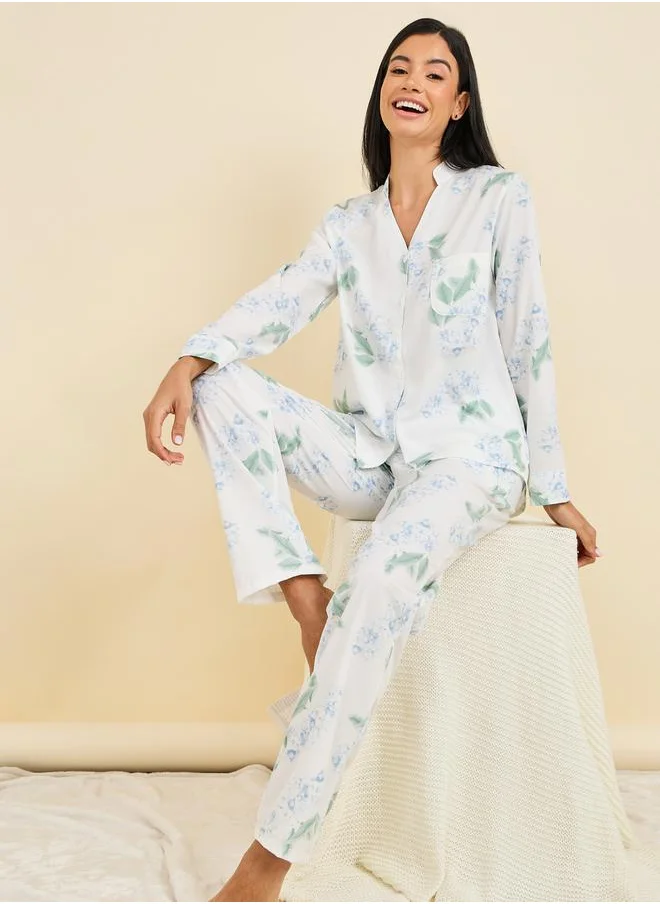 Styli Floral Print Pocket Detail Shirt and Pyjama Set