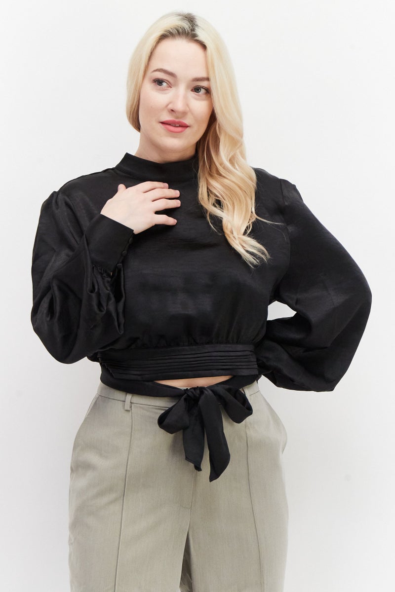 NA-KD Women High Neck Long Sleeves Satin Blouse, Black - Image 1