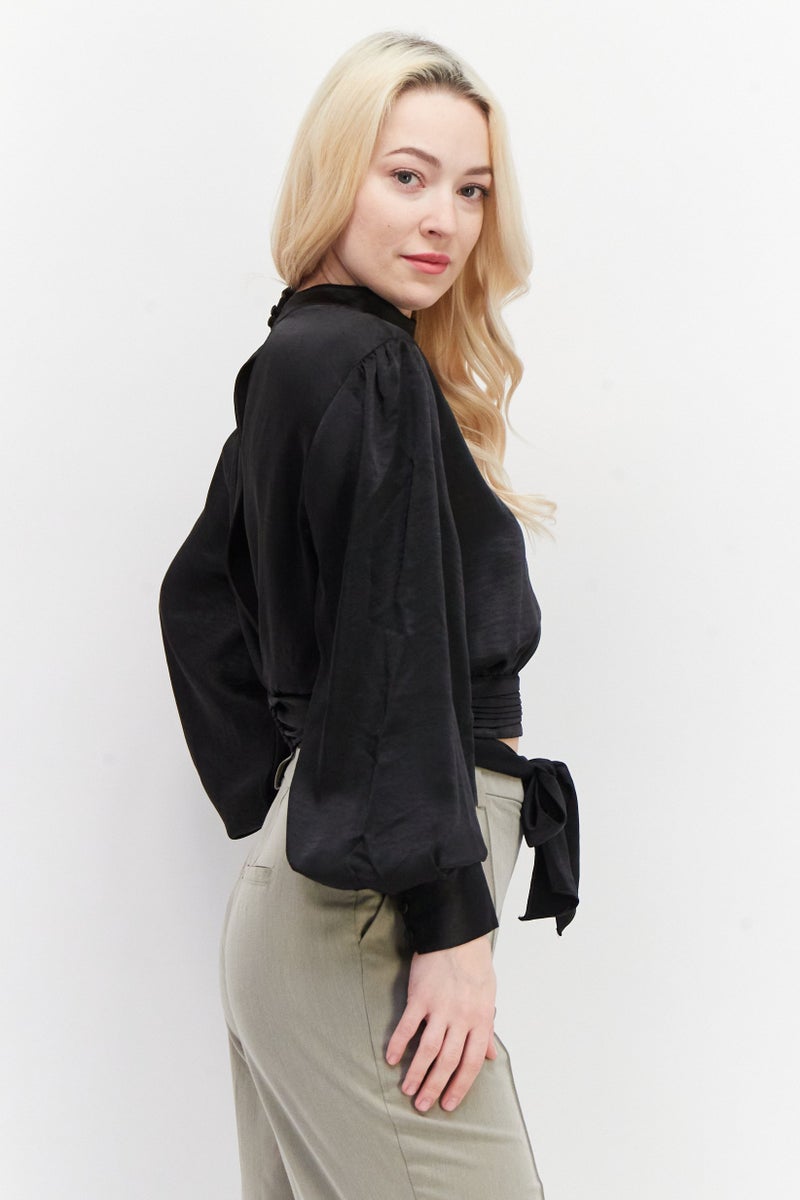 NA-KD Women High Neck Long Sleeves Satin Blouse, Black - Image 4