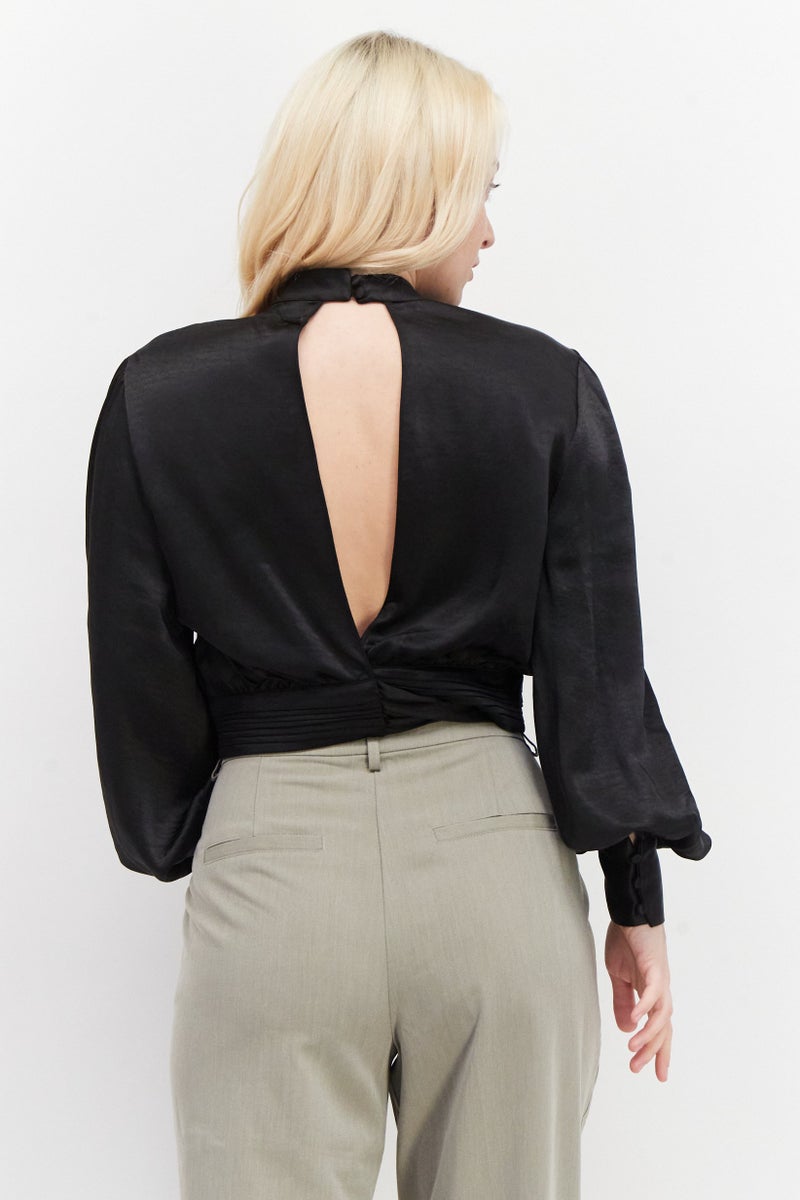 NA-KD Women High Neck Long Sleeves Satin Blouse, Black - Image 3