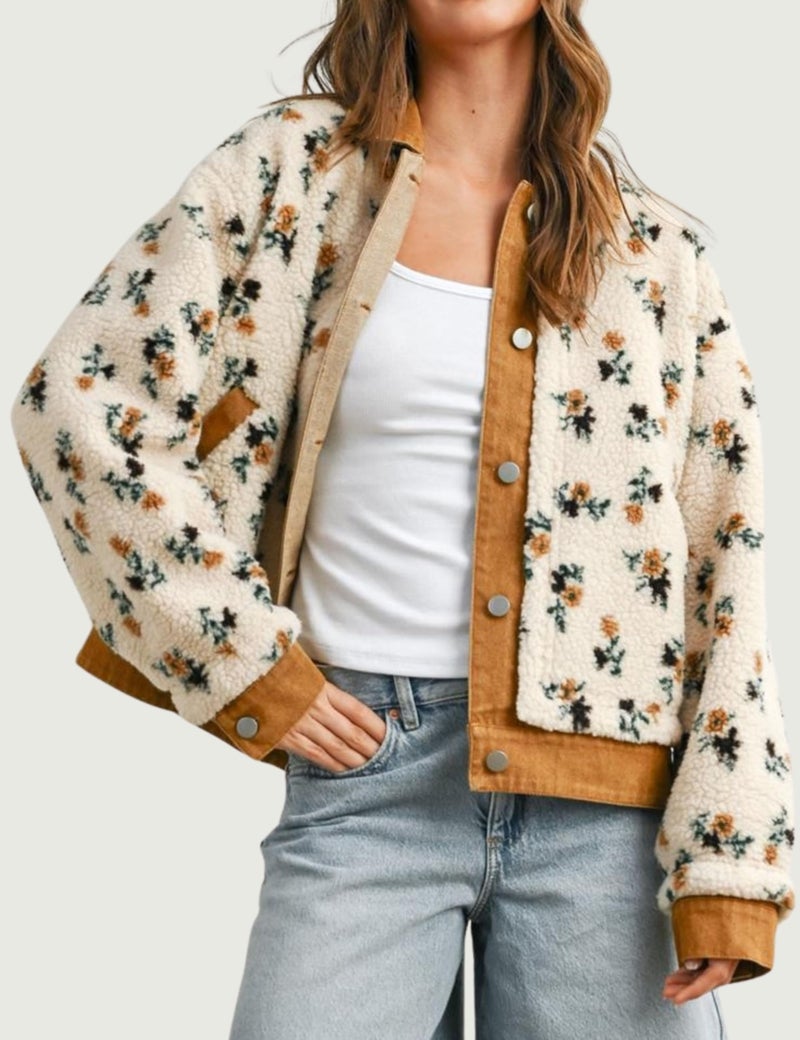 Meyhad Women's Floral Sherpa Jacket Open Front Denim Collar Fleece Jackets Oversized Outerwear with Pockets(1011-Brown-XL) - Image 2