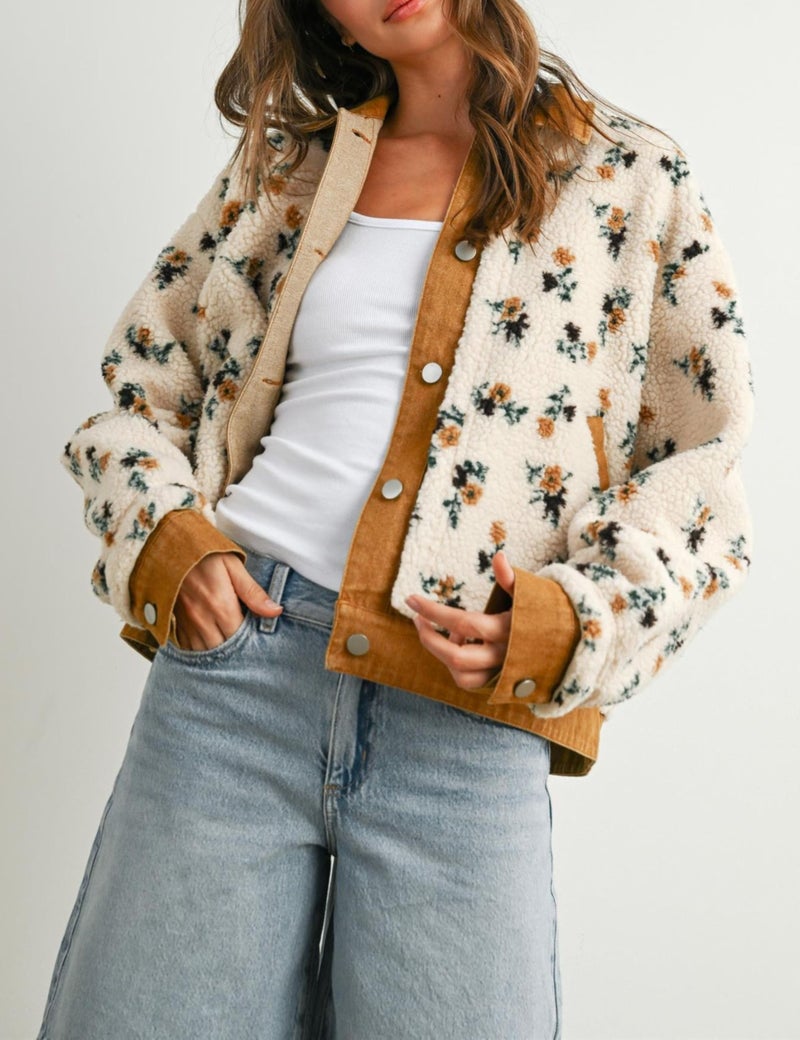 Meyhad Women's Floral Sherpa Jacket Open Front Denim Collar Fleece Jackets Oversized Outerwear with Pockets(1011-Brown-XL) - Image 4