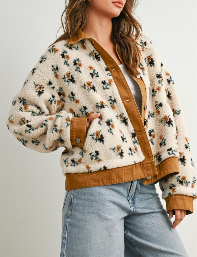 Meyhad Women's Floral Sherpa Jacket Open Front Denim Collar Fleece Jackets Oversized Outerwear with Pockets(1011-Brown-XL) - Image 3