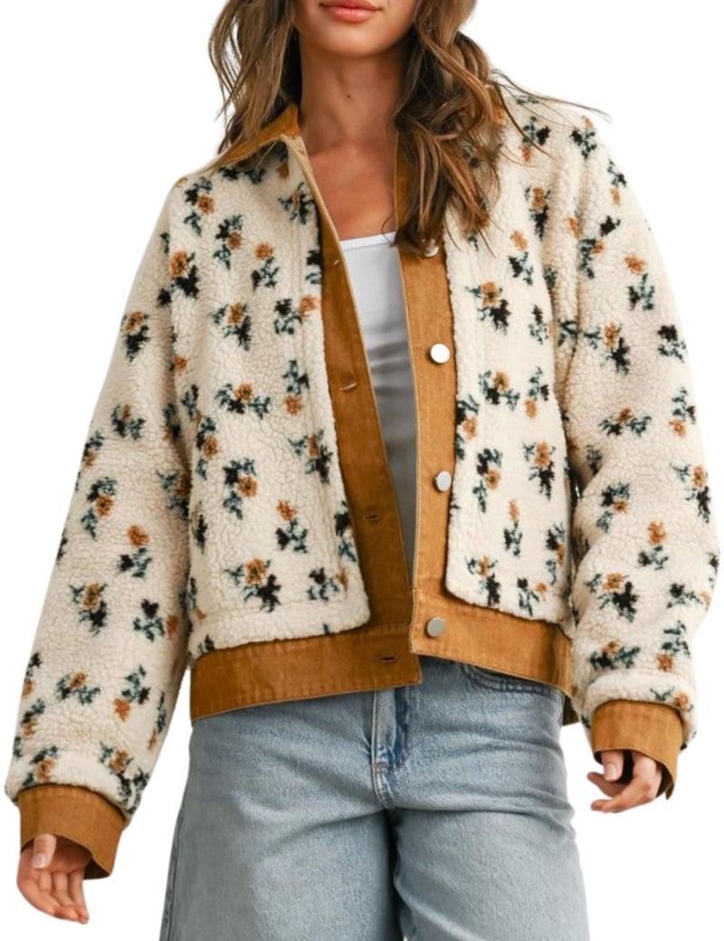 Meyhad Women's Floral Sherpa Jacket Open Front Denim Collar Fleece Jackets Oversized Outerwear with Pockets(1011-Brown-XL) - Image 1