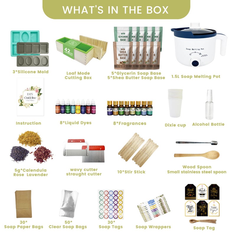 PIUH Deluxe Soap Making Kit for Soap Making, DIY Soaps Making Full Set Kits Includes Soap Melter, 4 lb Soap Base, 8 Essencial Oils, Silicone Loaf Molds & Scraper, Cutters, 8 Dyestuffs for Adults Gift - Image 2