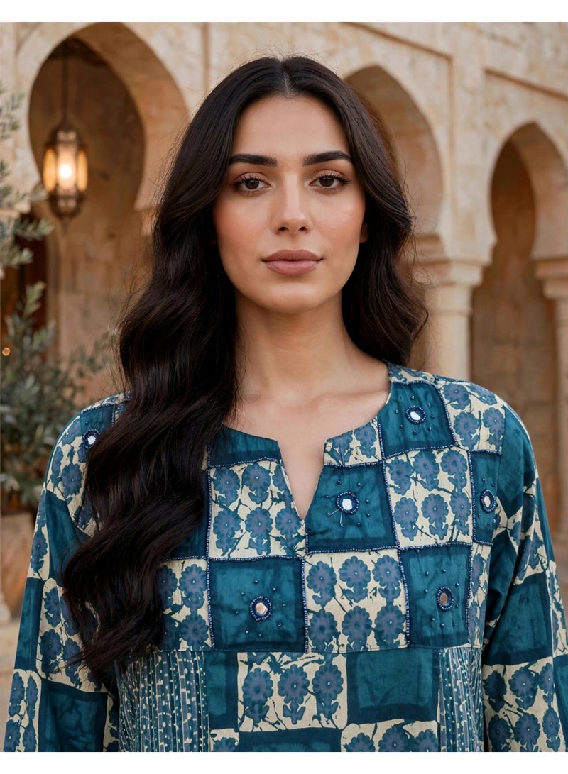 IKKXA Embroidered Tiered Long-Sleeve Jalabiya IKTT10Blue - Image 2
