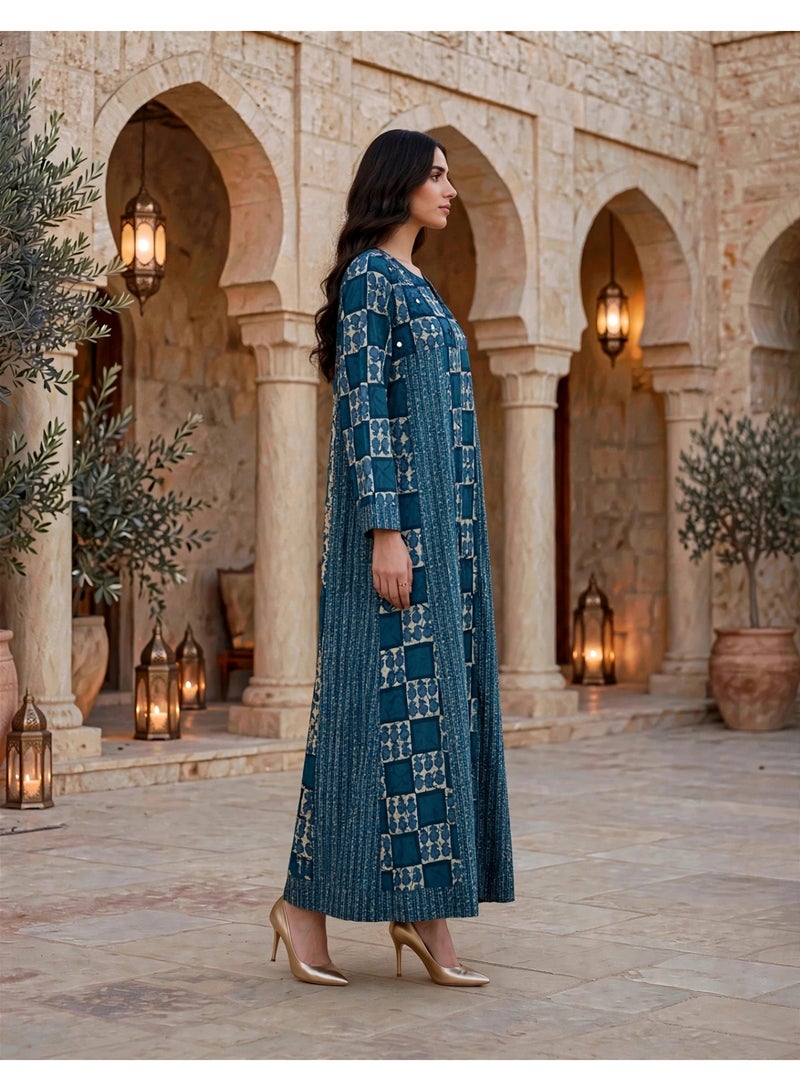 IKKXA Embroidered Tiered Long-Sleeve Jalabiya IKTT10Blue - Image 3