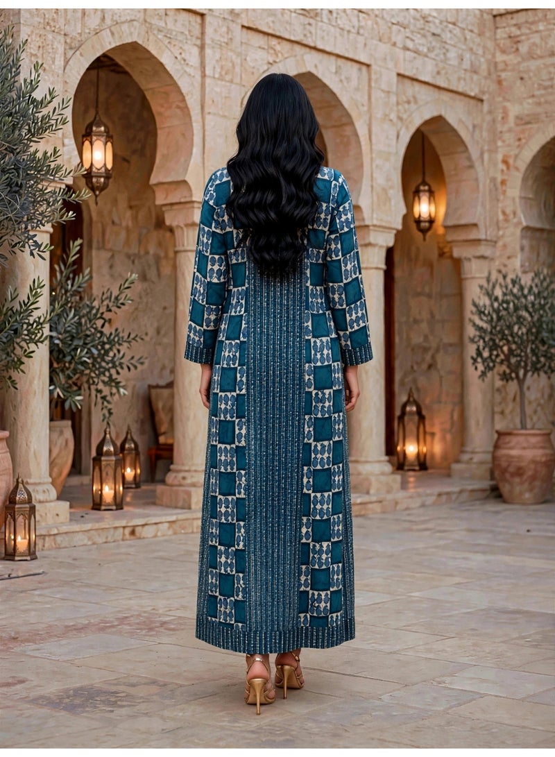 IKKXA Embroidered Tiered Long-Sleeve Jalabiya IKTT10Blue - Image 4