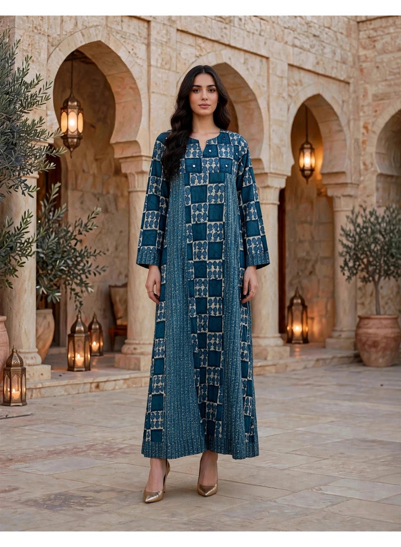 IKKXA Embroidered Tiered Long-Sleeve Jalabiya IKTT10Blue - Image 1