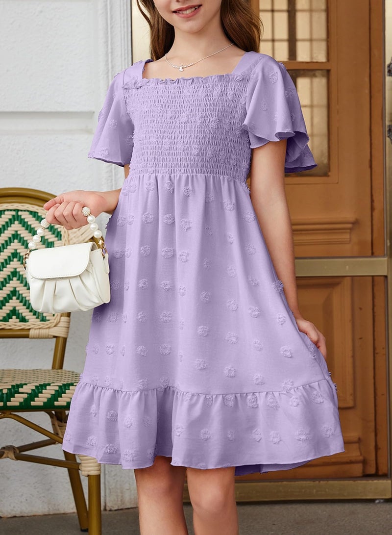 blibean Tween Girls Spring Dress Teen Girl Chiffon Flower Boho Dresses Big Kids Bell Short Sleeve Formal Clothes Tulle Swiss Dots Easter Vestidos NiÃ±as Size 14 15 16 Years Old Purple - Image 5