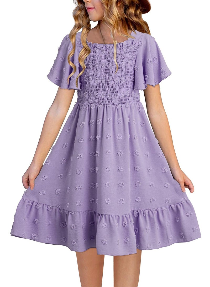 blibean Tween Girls Spring Dress Teen Girl Chiffon Flower Boho Dresses Big Kids Bell Short Sleeve Formal Clothes Tulle Swiss Dots Easter Vestidos NiÃ±as Size 14 15 16 Years Old Purple - Image 1
