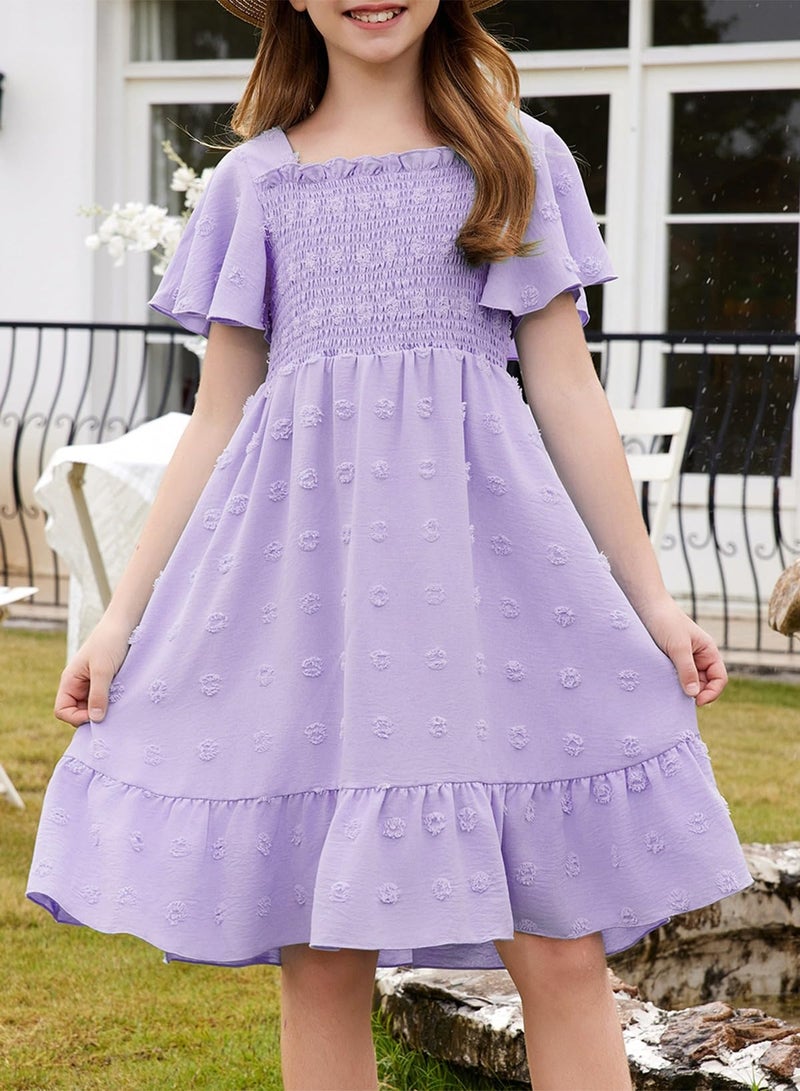 blibean Tween Girls Spring Dress Teen Girl Chiffon Flower Boho Dresses Big Kids Bell Short Sleeve Formal Clothes Tulle Swiss Dots Easter Vestidos NiÃ±as Size 14 15 16 Years Old Purple - Image 2