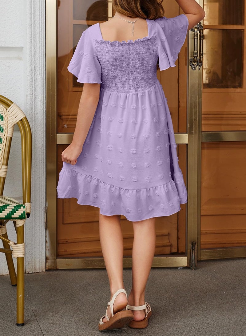 blibean Tween Girls Spring Dress Teen Girl Chiffon Flower Boho Dresses Big Kids Bell Short Sleeve Formal Clothes Tulle Swiss Dots Easter Vestidos NiÃ±as Size 14 15 16 Years Old Purple - Image 3