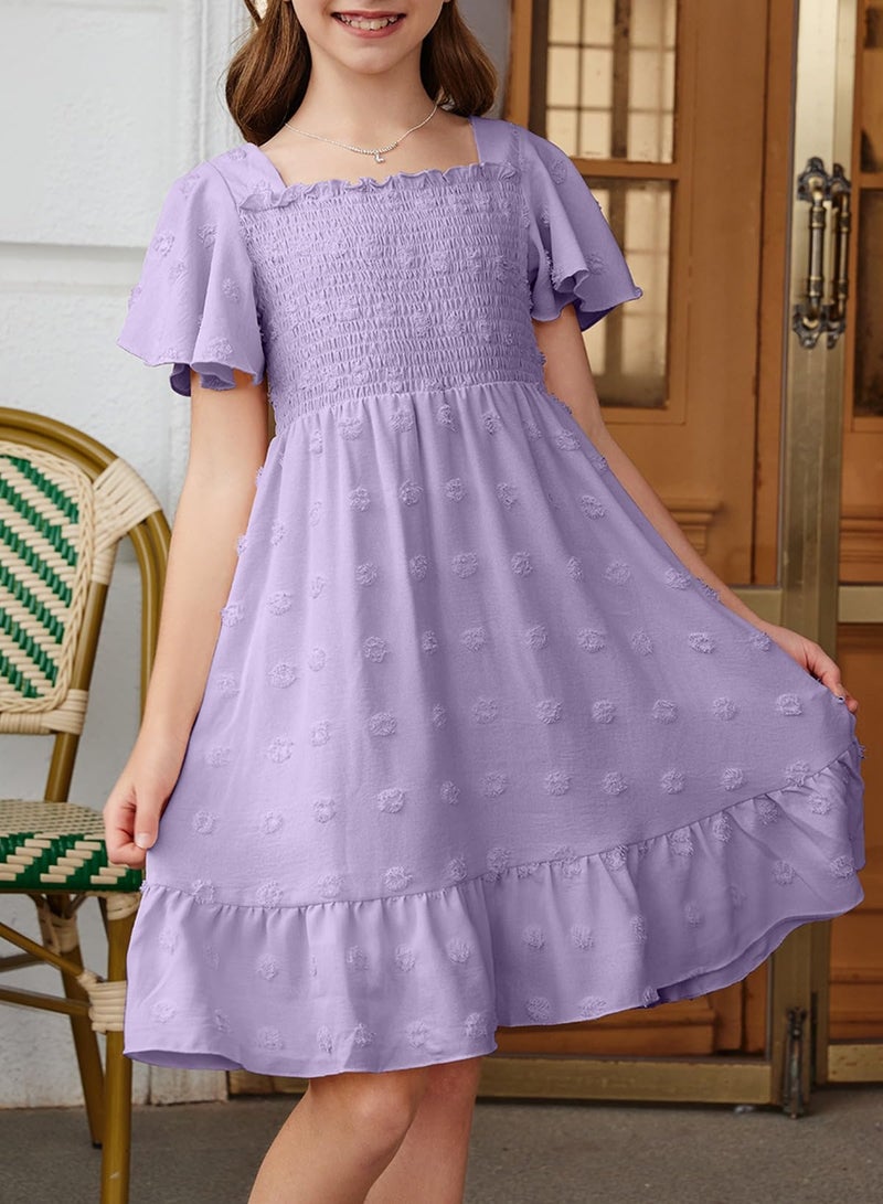 blibean Tween Girls Spring Dress Teen Girl Chiffon Flower Boho Dresses Big Kids Bell Short Sleeve Formal Clothes Tulle Swiss Dots Easter Vestidos NiÃ±as Size 14 15 16 Years Old Purple - Image 4