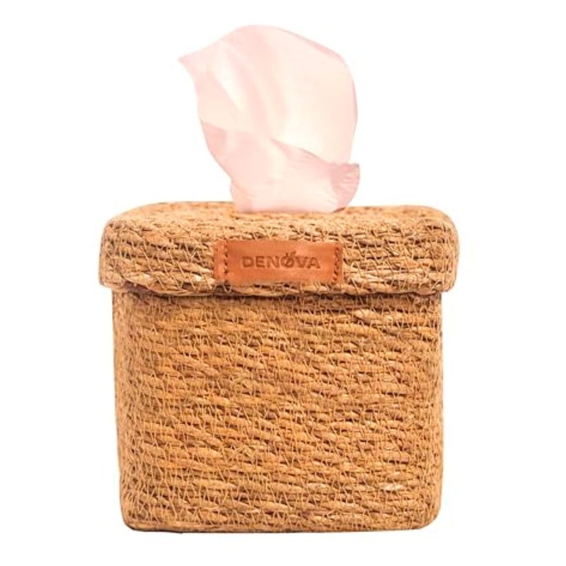 DENOVA Seagrass Tissue Box Holder - Handcrafted Tissue Container for 100 Pulls Paper Towel Dispenser for Office Living Bedroom Car Desk Dining Table Home Decor (Square, Natural) - Image 1