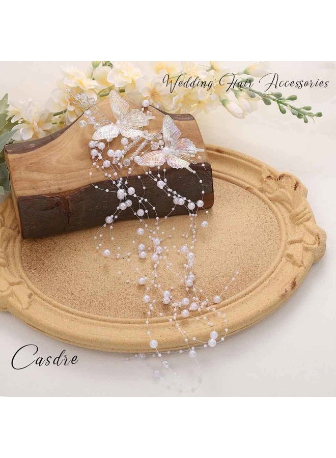 CASDRE تاج شعر العروس من الفراشات فضي لؤلؤي مع رأس مزين بالأحجار الكريمة لملحقات الشعر للنساء والفتيات - Image 4