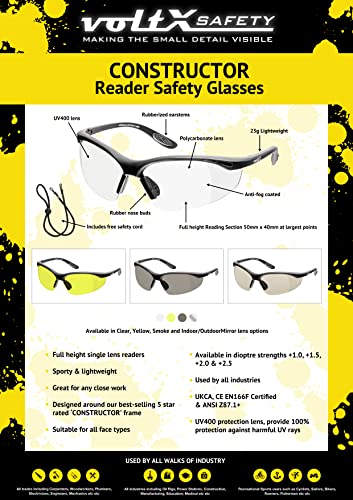 voltX 'Constructor' SAFETY READERS (CLEAR +1.0 Dioptre) Full Lens Reading Safety Glasses ANSI Z87.1+ & CE EN166F, Wraparound Style - Includes Safety Cord with headstop - UV400 anti fog coated lens - Image 2