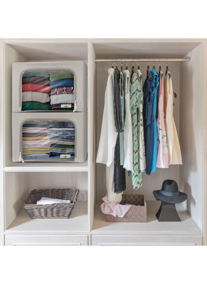 Storage Bins with Metal Frame - Stackable & Foldable Clothes Organizer Bags - Oxford Fabric Storage Containers with Large Clear Window & Carry Handles, Bedroom Organization for Bedding & Linen