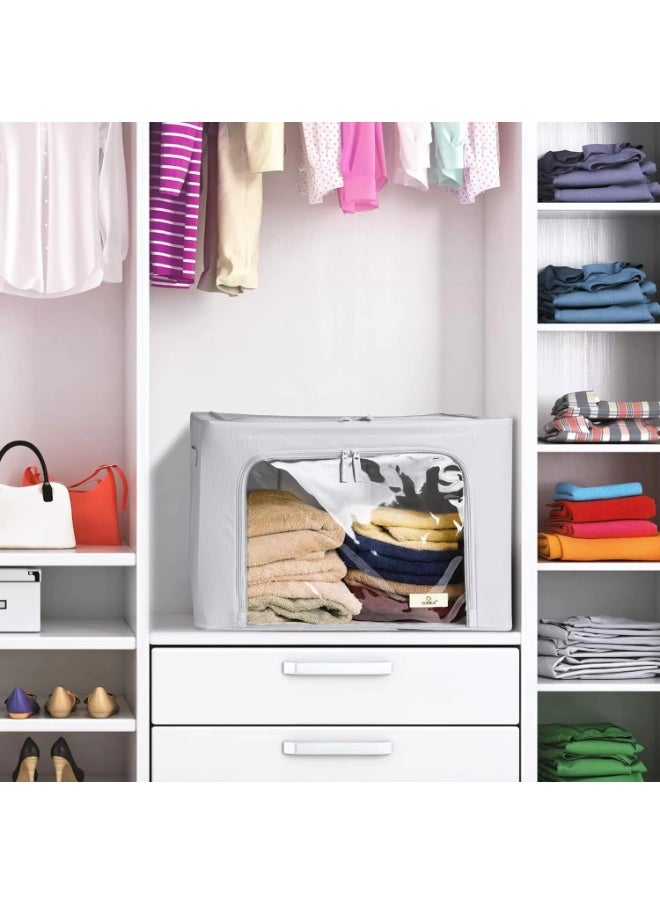Storage Bins with Metal Frame - Stackable & Foldable Clothes Organizer Bags - Oxford Fabric Storage Containers with Large Clear Window & Carry Handles, Bedroom Organization for Bedding & Linen
