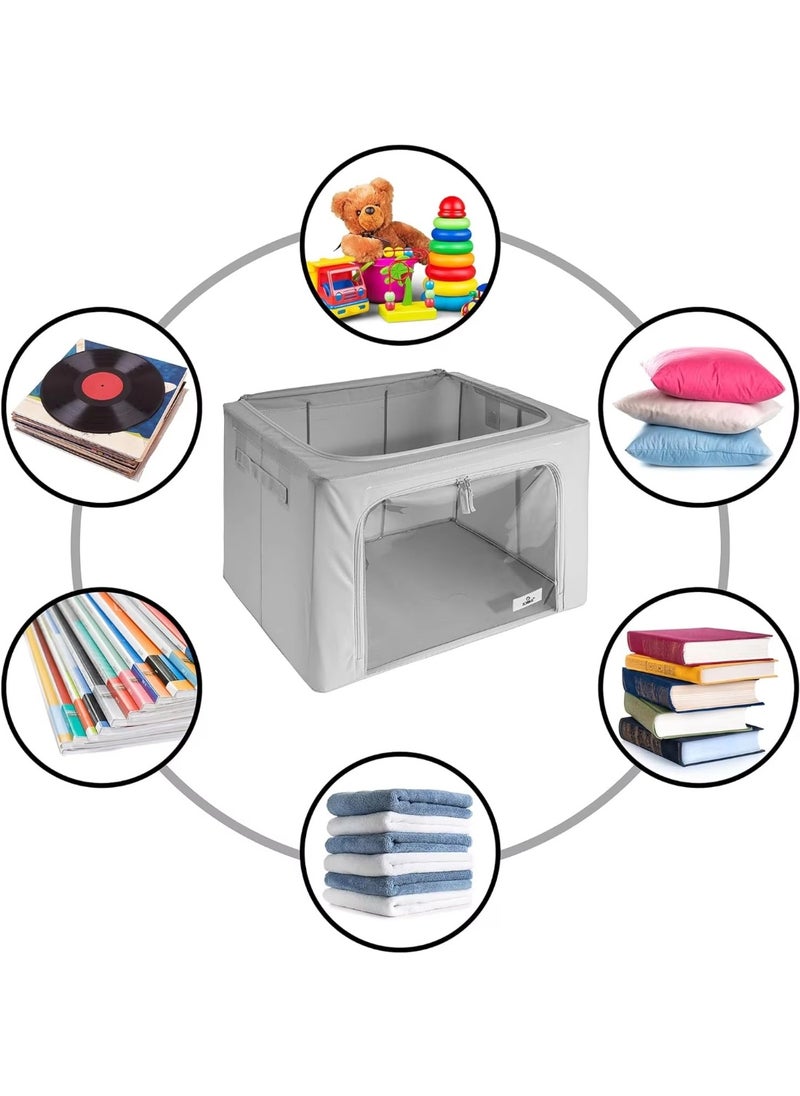 Storage Bins with Metal Frame - Stackable & Foldable Clothes Organizer Bags - Oxford Fabric Storage Containers with Large Clear Window & Carry Handles, Bedroom Organization for Bedding & Linen