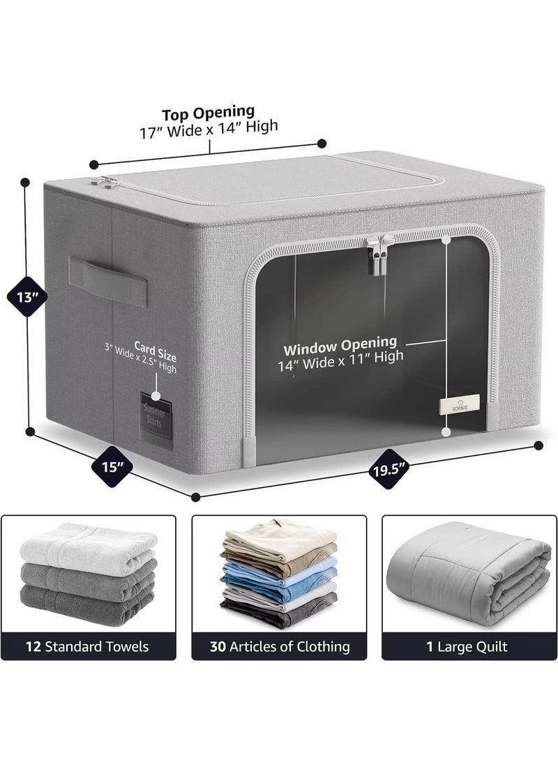 Storage Bins with Metal Frame - Stackable & Foldable Clothes Organizer Bags - Oxford Fabric Storage Containers with Large Clear Window & Carry Handles, Bedroom Organization for Bedding & Linen