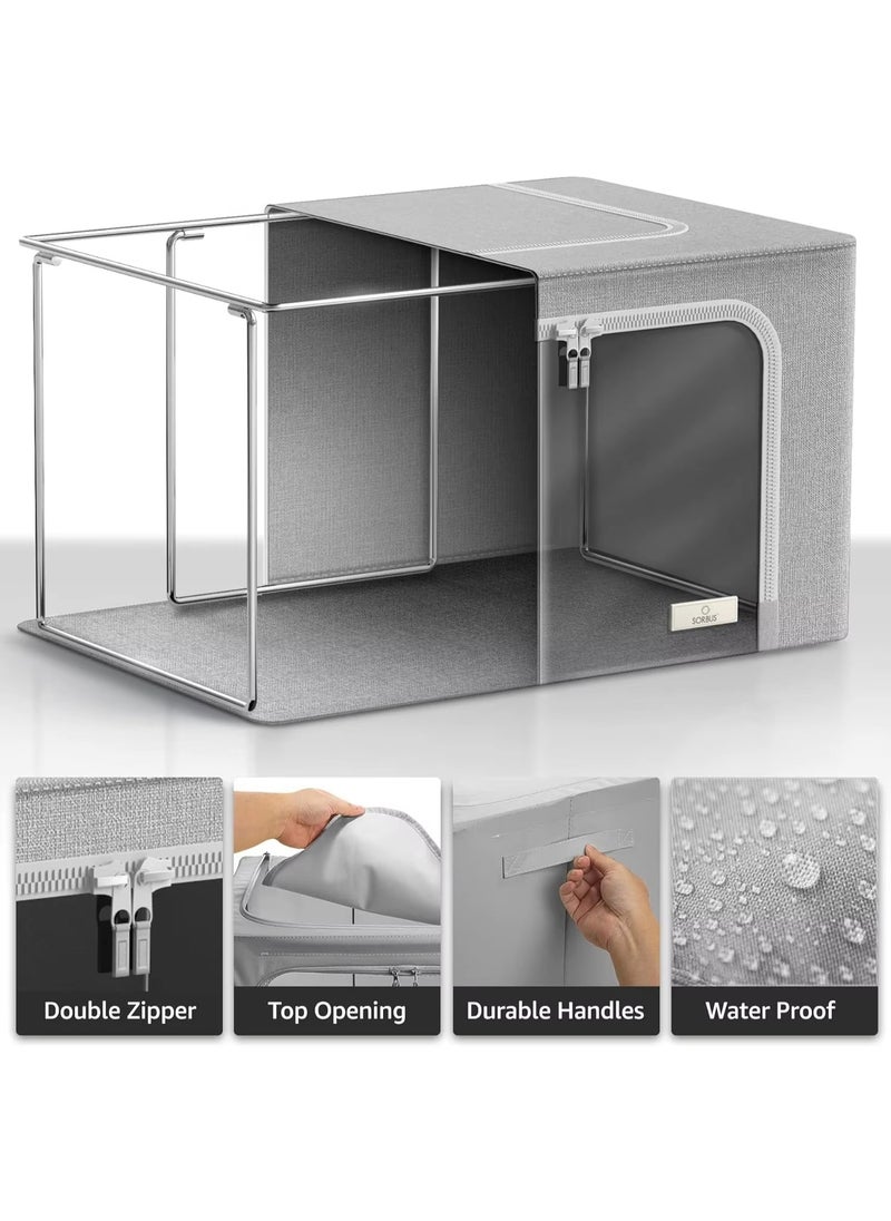 Storage Bins with Metal Frame - Stackable & Foldable Clothes Organizer Bags - Oxford Fabric Storage Containers with Large Clear Window & Carry Handles, Bedroom Organization for Bedding & Linen
