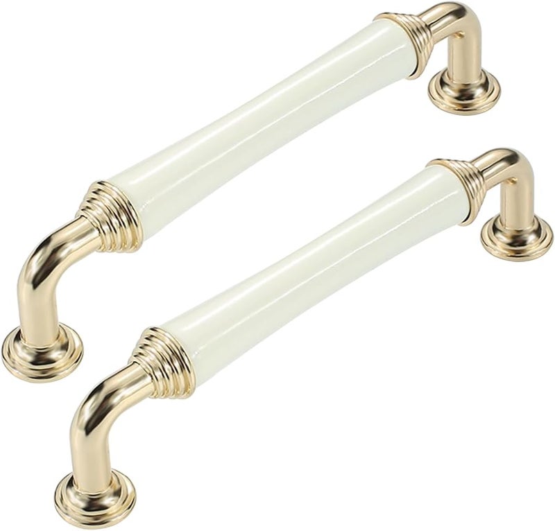 2 Pcs Gold White Cabinet Handles Zinc Alloy Ceramic Knobs 96mm Hole Distance - Image 1