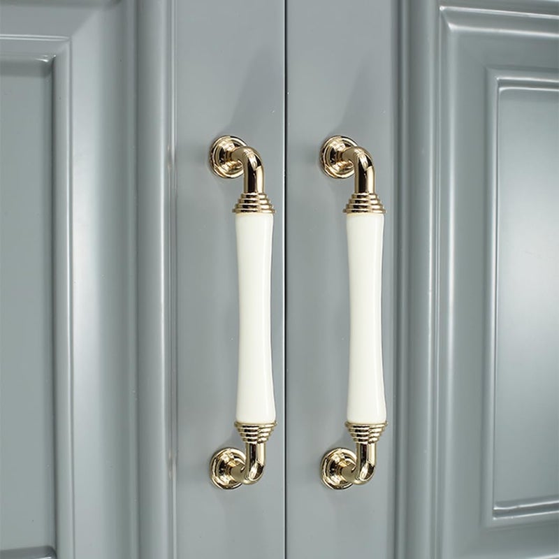 2 Pcs Gold White Cabinet Handles Zinc Alloy Ceramic Knobs 96mm Hole Distance - Image 3