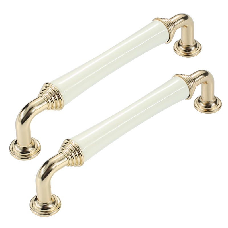 2 Pcs Gold White Cabinet Handles Zinc Alloy Ceramic Knobs 96mm Hole Distance - Image 2