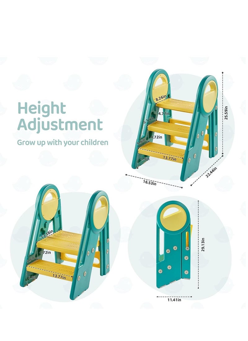YelaJoy - Toddler Step Stools for Bathroom Sink,Kids Step Stool 3-Step Foldable Standing Tower with Handle - Learning Helper for Kitchen Bathroom and Potty Training - Image 1