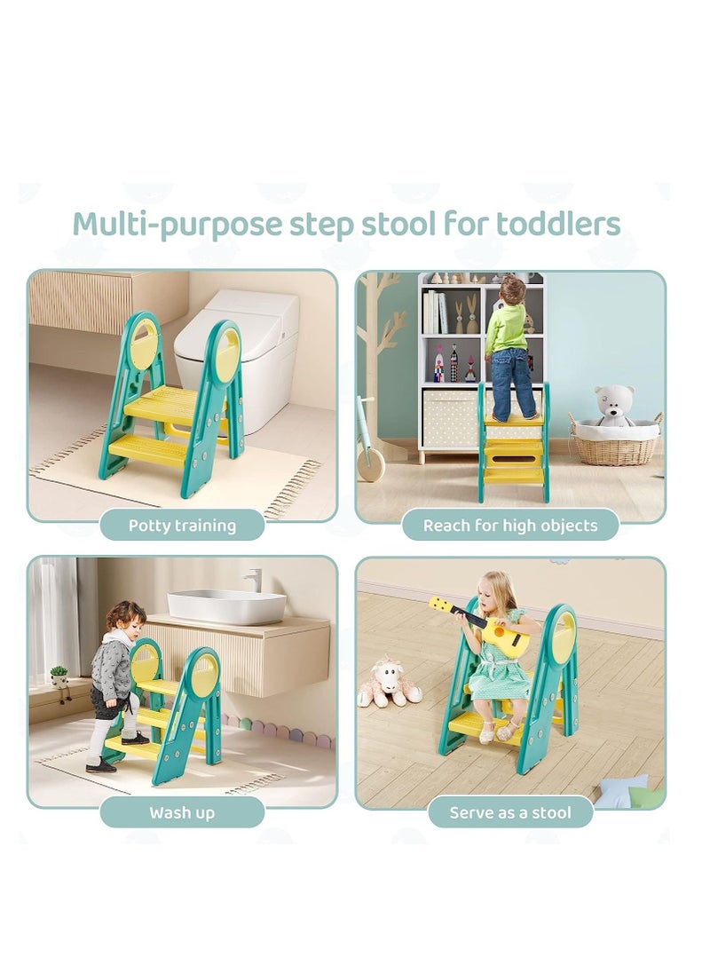 YelaJoy - Toddler Step Stools for Bathroom Sink,Kids Step Stool 3-Step Foldable Standing Tower with Handle - Learning Helper for Kitchen Bathroom and Potty Training - Image 1