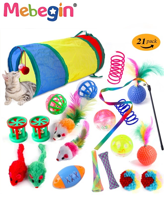 MEBEGIN 21PCS Cat Tunnel Set with Cat Teaser Stick, Cat Balls, Feather Toys and Other Cat toys, Collapsible Cat Play Tunnel, Funny Interactive Cat Toys, Various Cat Enrichment Toys, Soft Safe Cat Toys(Random Color) - Image 1