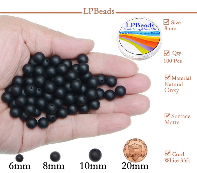 LPBeads 8mm Natural Matte Black Onyx Round Gemstone Frosted 100Pcs Bulk Loose Beads for Jewelry Making Bracelet with Stretch Beading Cord LPBeads - Image 2